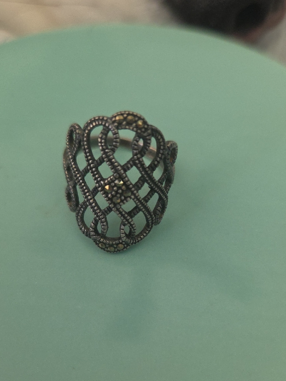 Intricate Black Marcasite Lattice Statement Ring